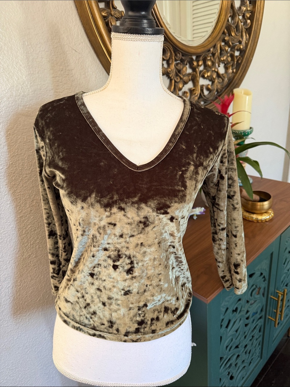 Olive Green Crushed Velvet V-Neck Top